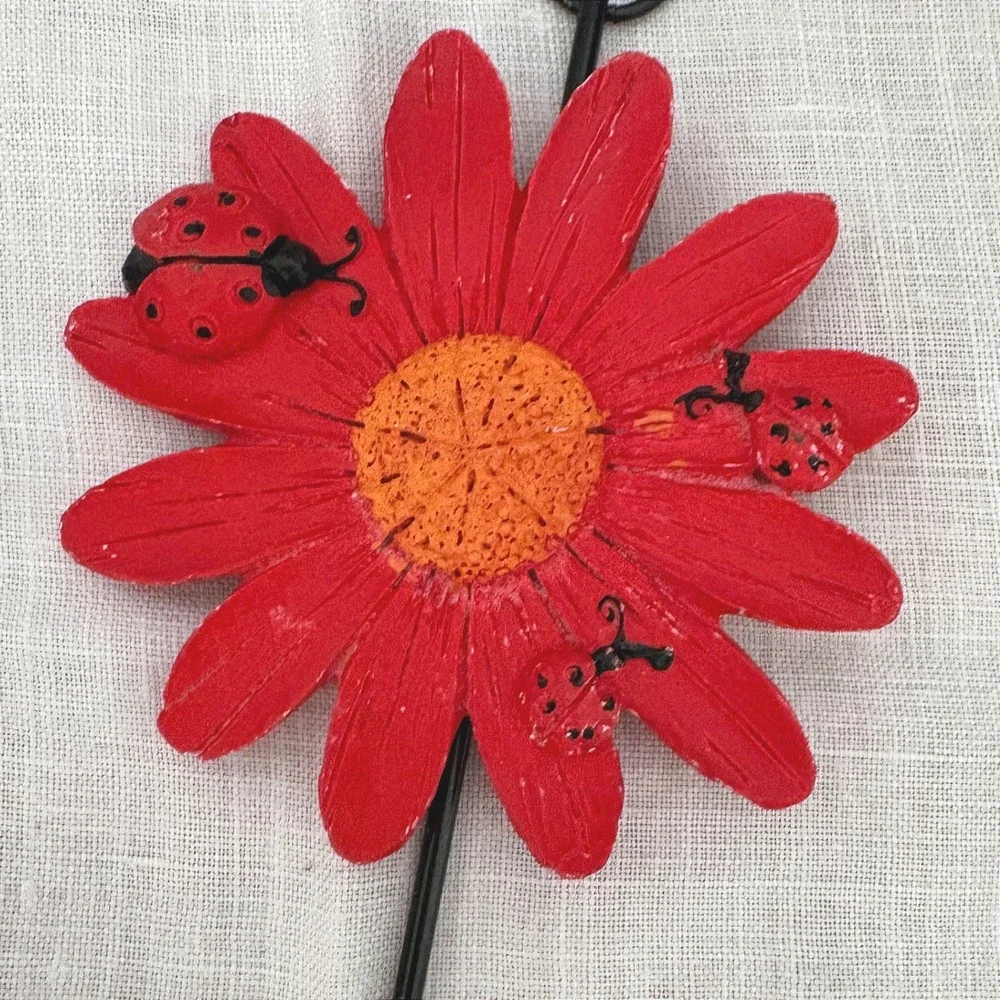 Set of 2 Daisy Flower Ladybug Wall Hooks Red Purple Metal Garden Decor Hooks